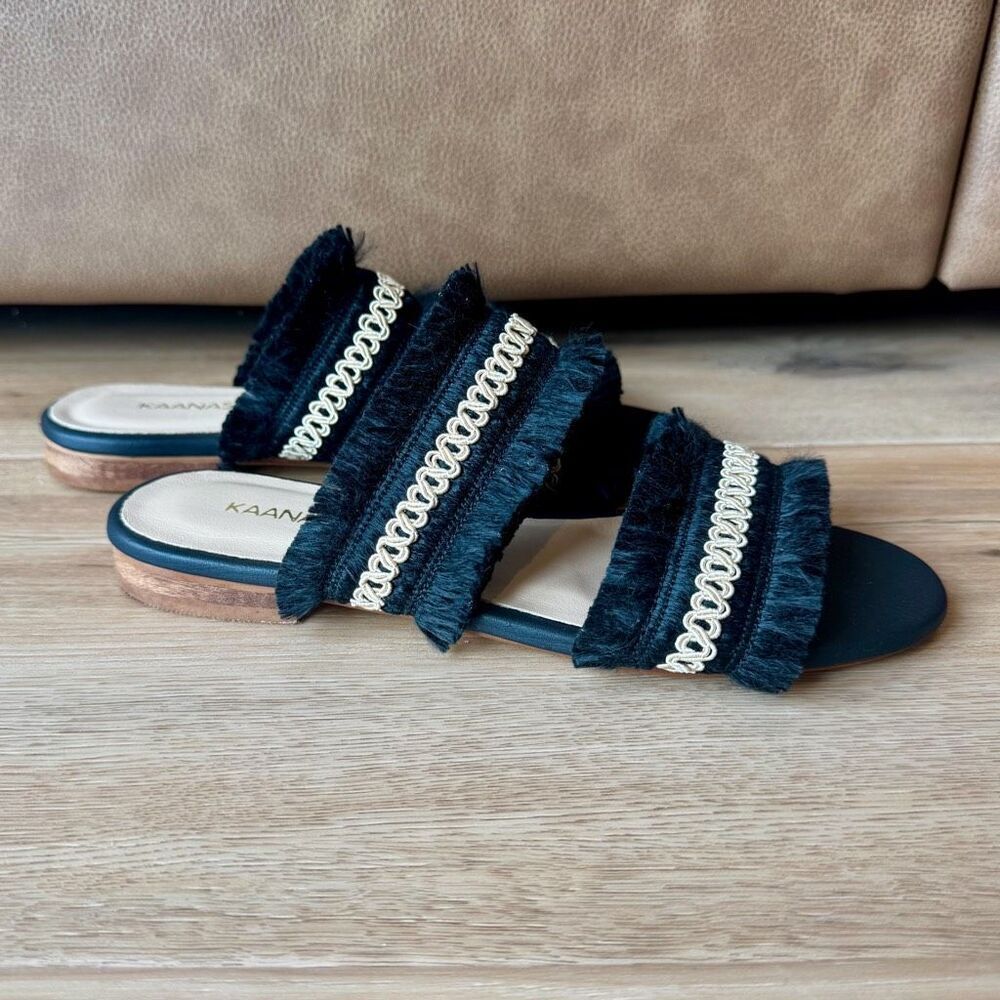 KAANAS Yassica Black Fringe Slide Sandals 6 Woven Boho Resort Beach Slip On Flat